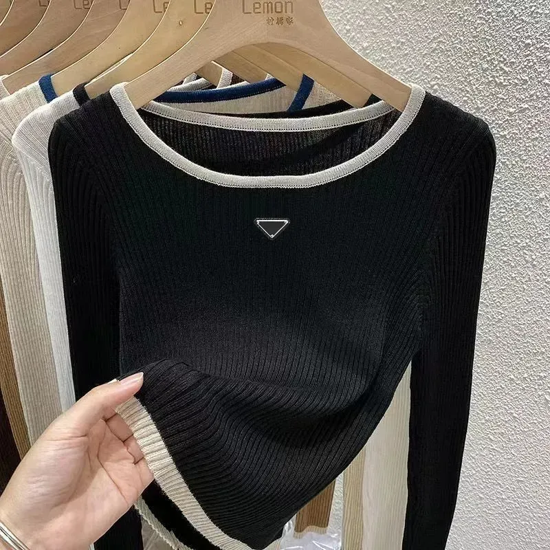 Tasarımcı Sweater Kadın Örgü Moda Kazak Mürettebat Uzun Kollu Patchwork Renk Kontrast Çıkartma Kazeli Düz Renk Yüksek Kaliteli Üst Bahar Sonbahar Kış