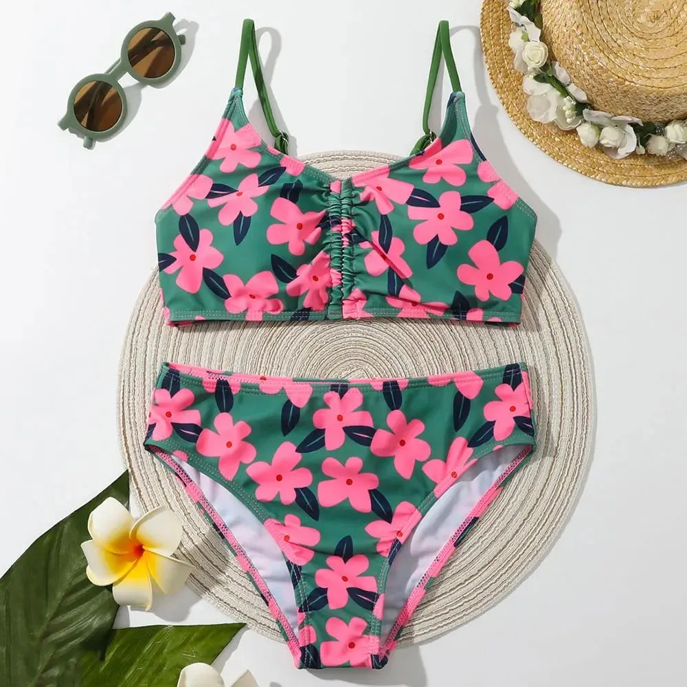 Conjunto 2022 floral impressão menina maiô crianças ruched frente bikini conjunto 714 anos de duas peças crianças banho adolescente beachwear