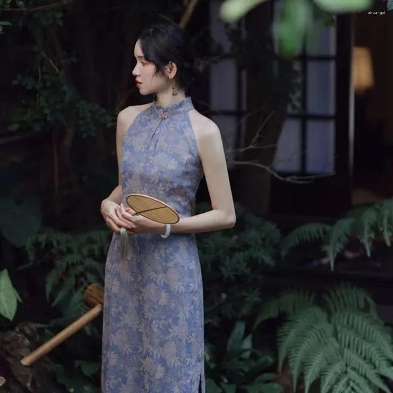 Etnische kleding blauwe bloemenprint Qipao sexy halter cheongsam dames Chinese stijl jurk verbeterd slanke vestidos traditioneel