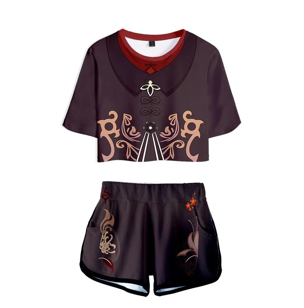 T-Shirts Fashion Creative Genshin Impact 3D Print Two Piece Set Women Sexy Shorts+lovely Tshirt Cute Classic Dew navel Sport Girl suits