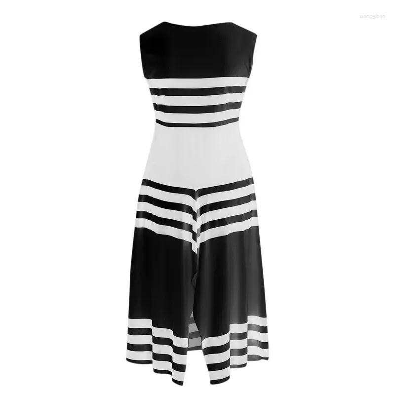 Casual Dresses Sleeveless Ladies Round Neck Mid-length Dress 2023 Summer Black And White Striped Irregular A-line