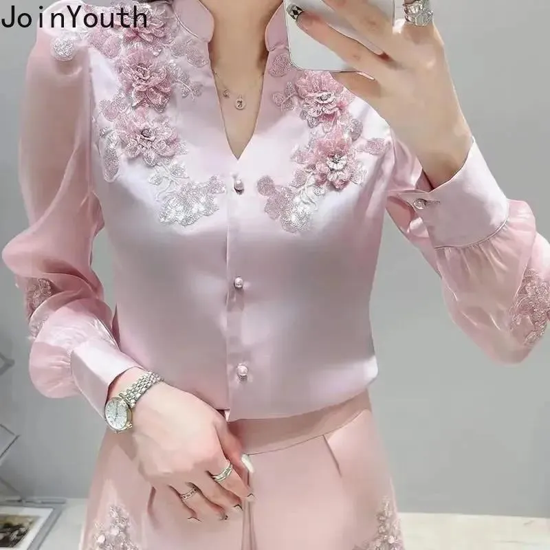 シャツの気質シャツの女性ファッションビーズフローラルビンテージブラウスBlusas Mujer de Moda 2023 Vneck Long Sleeve Blouse Ladies Tops