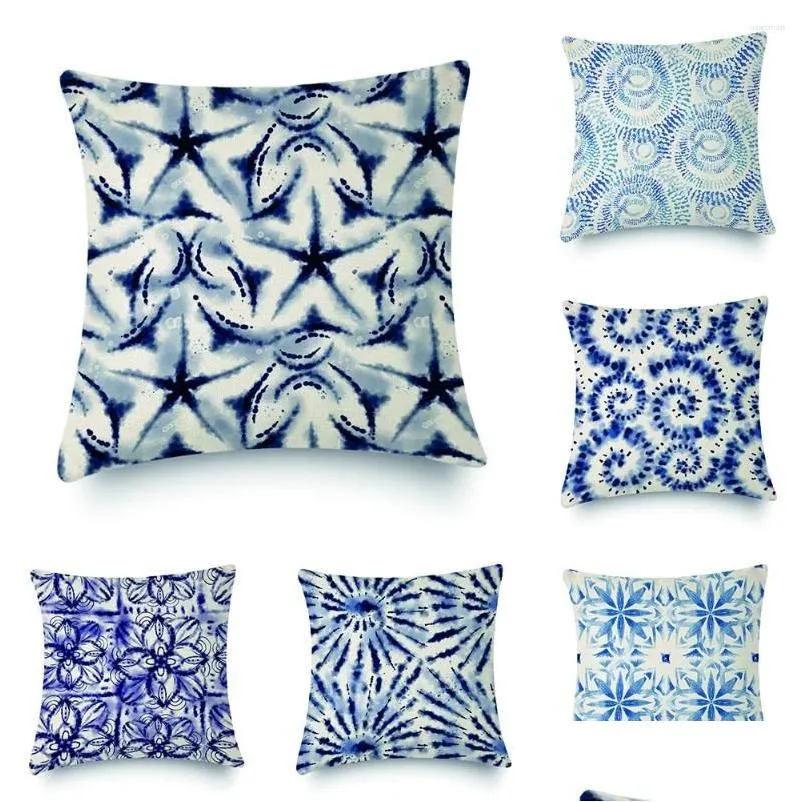 Cushion/Decorative Pillow Blue Pattern Er Shiribo Print Pillowcase For Square Linen Chair Living Room Sofa Decoration 45X45Cm Drop D Dholr