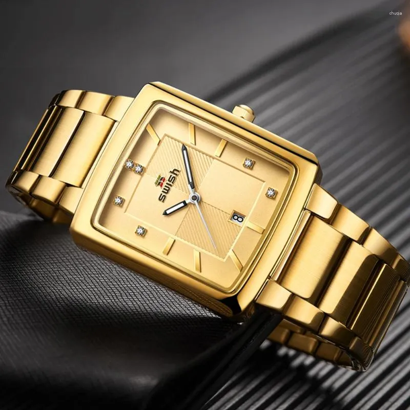 Armbandsur 2023 Square Watch Men with Business Luxury rostfritt stålklockor Guld Mens Quartz Wrist Relogio Masculino