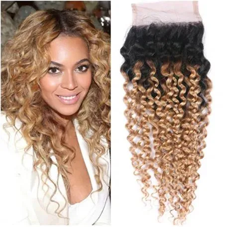 Closures Brazilian Honey Blonde Ombre Human Hair Lace Closure With Baby Hair Kinky Curly 1B/27 Light Brown Ombre 4x4 Front Lace Closure 82