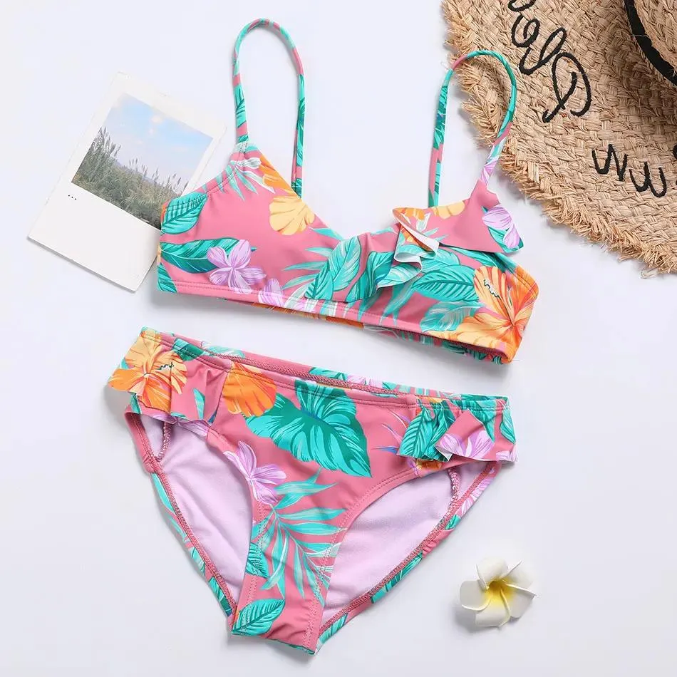 Set Tropical Girl Swimsuit Kids Ruffle Girl Bikini Set Floral Two Piece Children's Badkläder vadderade flickor Baddräkt strandkläder 2021