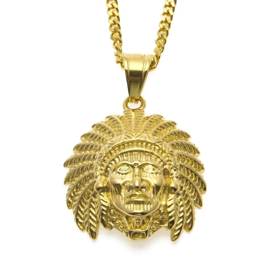 Collier pendentif en forme de tête indienne Hip Hop, plaqué or, bijoux à breloques Toutankhamon pour hommes et femmes, avec chaîne cubaine de 24 pouces, 2448