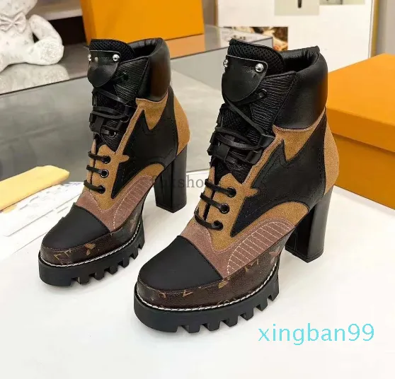 Tasarımcı Yıldız Trail ayak bileği botları tasarımlar yüksek topuklu patik kadın siyah buzağı deri tuval fermuar ayak bileği bot ayakkabıları