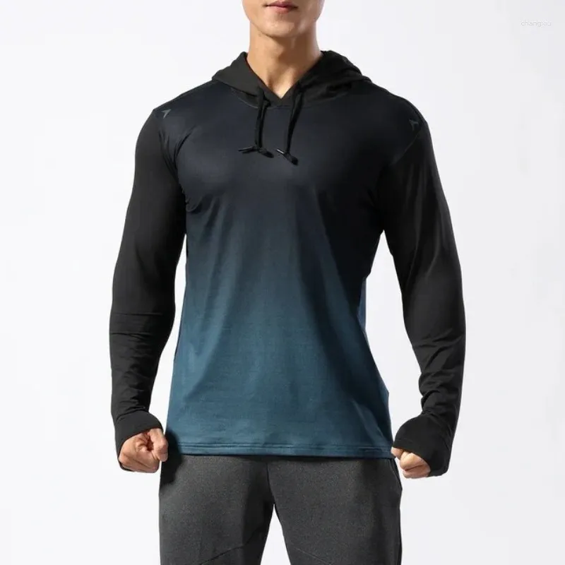 Herr t -skjortor mode huva dragkammare fast färg tryckt långärmad gradient lekfull höst och vinter bodycon casual sports topp