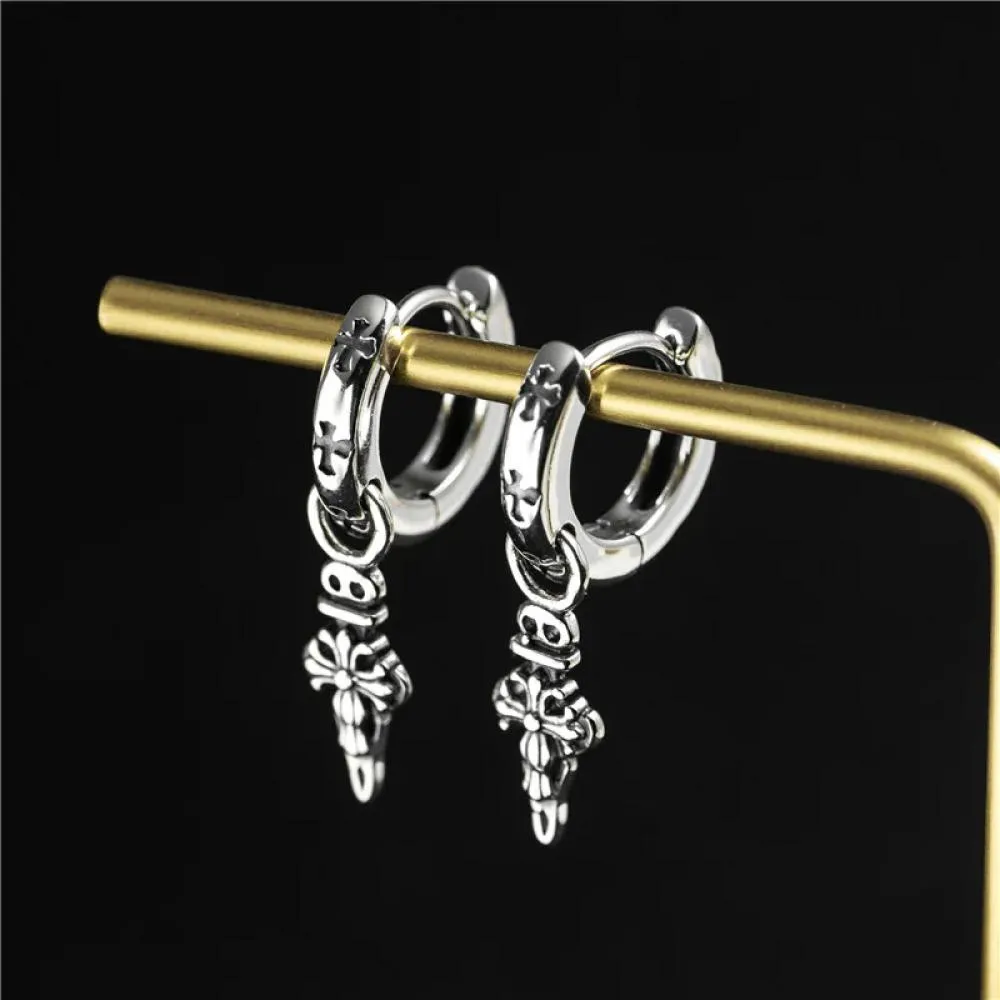 punk cross tassel earrings man 100% 925 Sterling silver Jewelry vintage Hypoallergenic Hoop earrings for women unisex earrings