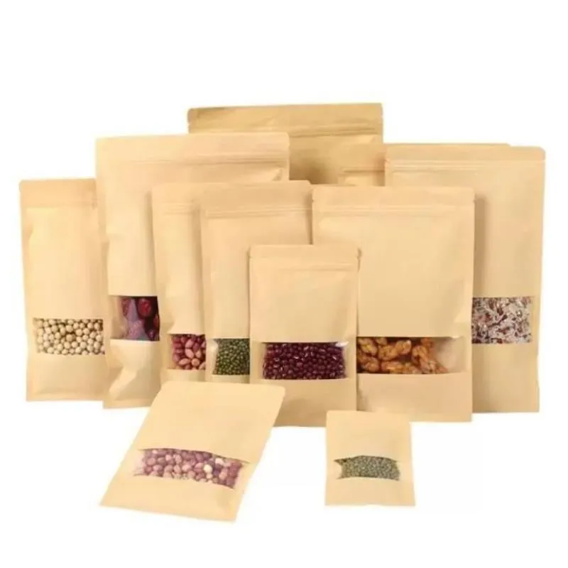 Kraft Paper Bag Stand Up Gift Dried Food Fruit Tea Packaging Pouches Window Retail Dragkedja Självförseglingspåsar 14 storlekar UIMAC GKSWW