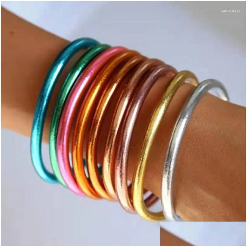 Bangle Arrivo Sil Close Bracciali Set per le donne All Weather Stack Sile Plastica Glitter Jelly Buddha Luce Bracciale Drop Delivery Ebreo Dh2Os