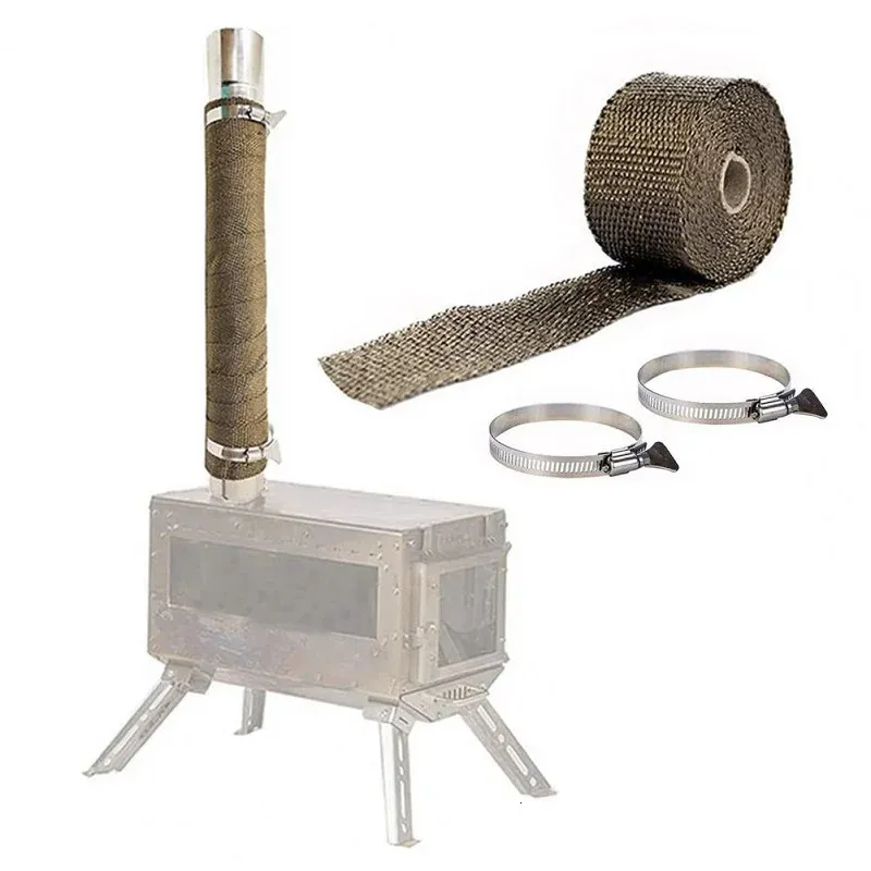 DIY Tent Stove Fireproof Ribbon With Adjustable 2 Clamps Exhaust Insulation Wrapping Gear Stove Tube Fireproof Pipe Wrap 5m*5cm 231229