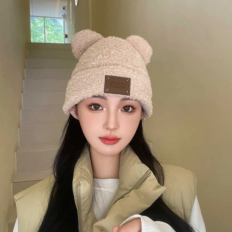 Beanie Skull Caps Autumn and Winter Cold Protection Hat Cute Versatile Woolen Women's Korean Edition Plush Thickened Knitted Showcase Small Face Warm