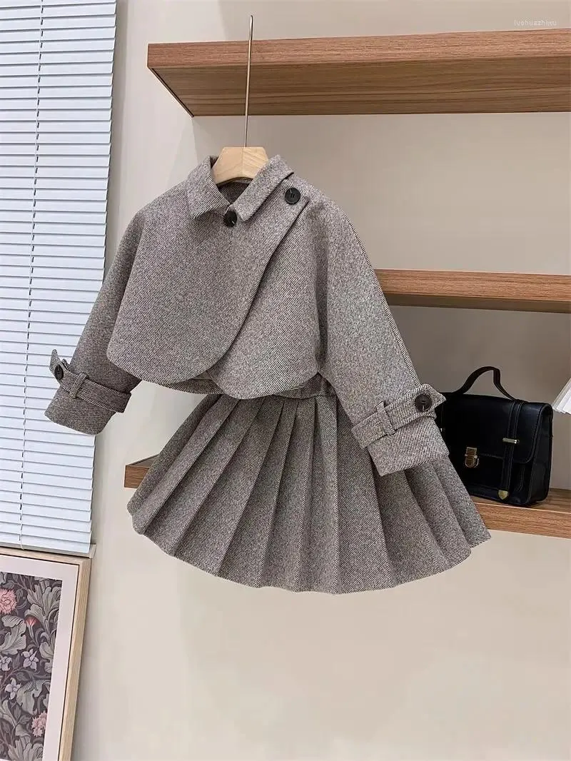 Kleidung Sets Kinder Turn Dowm Kragen Koreanischen Winter Mädchen Cape Stil Wolltuch Mantel Herbst Faltenrock