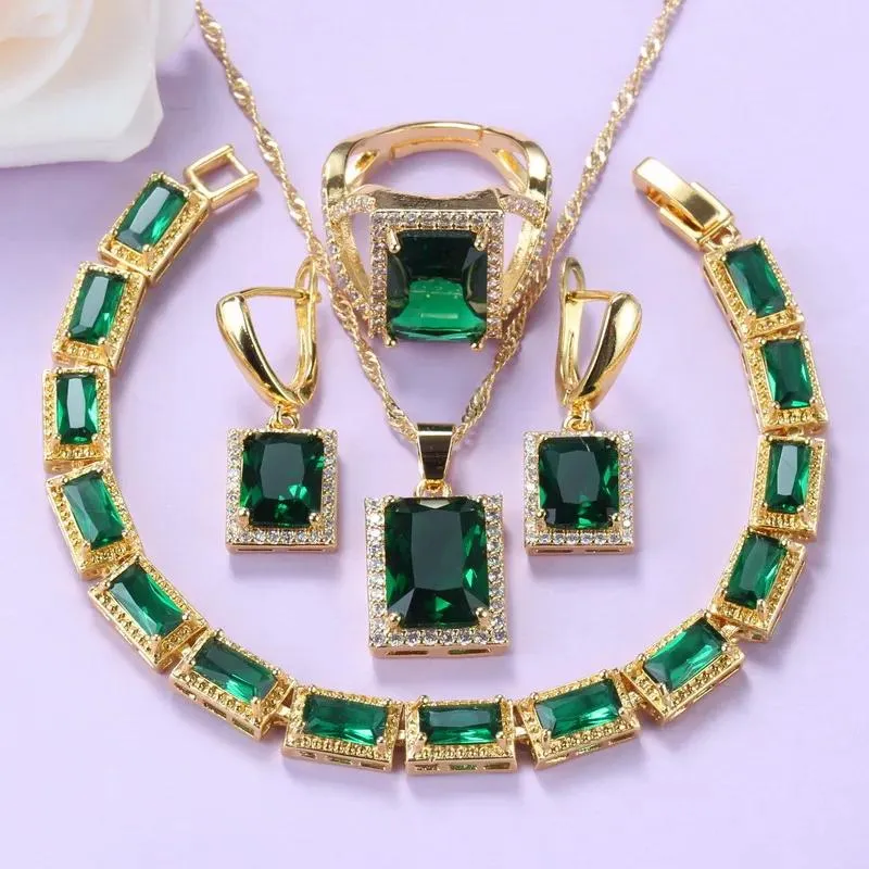 Chokers Yellow Goldcolor Women Green Jewelry Set with Cubic Zirconia Necklace Sets Bracelet and Ring Wedding Costume