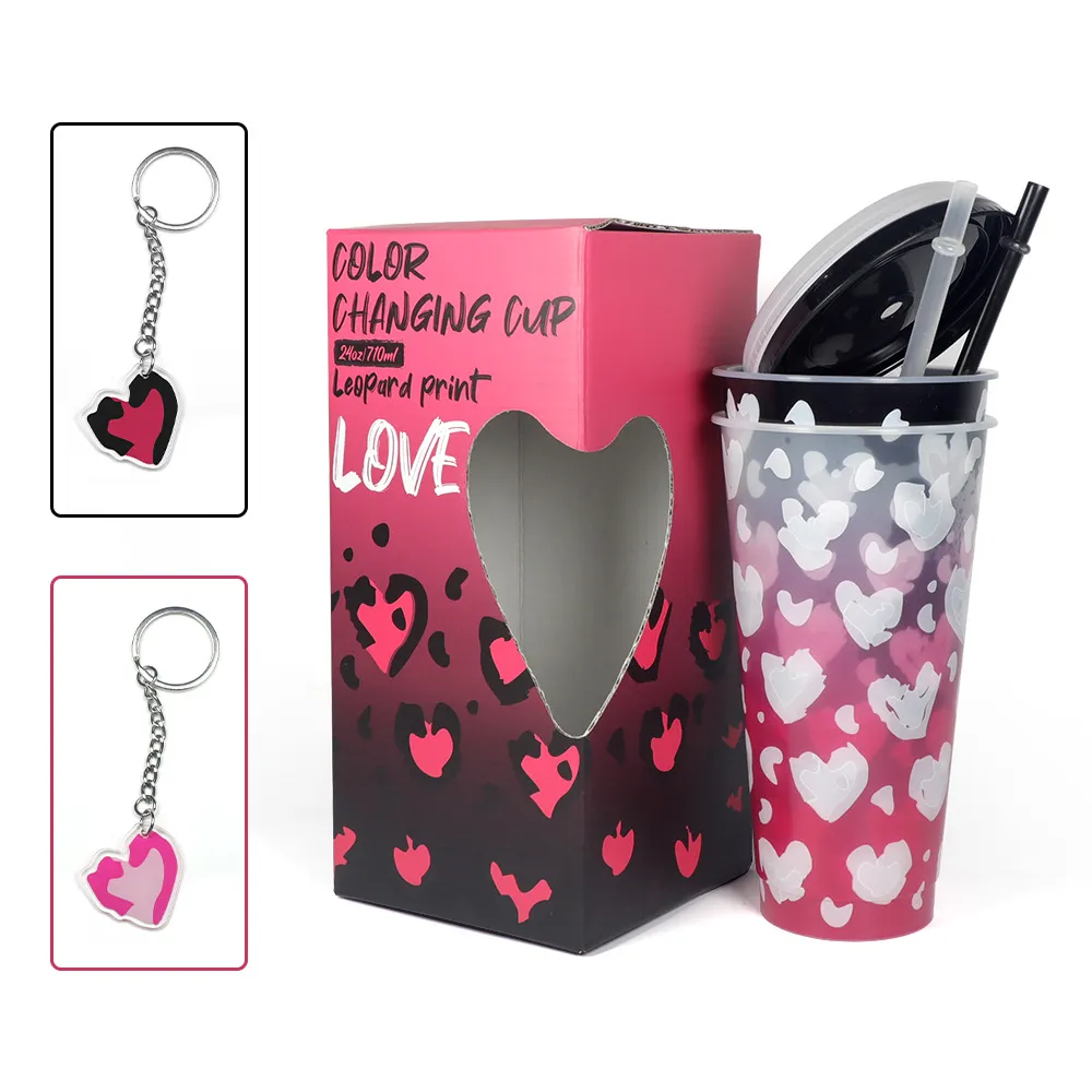 24oz/710ML 2PC set Leopard Print Love Pendant Color Changing Cup Reusable Plastic Tumbler With Lid and Straw Cold Cup Valentine's Day Theme Pink Love Discoloration