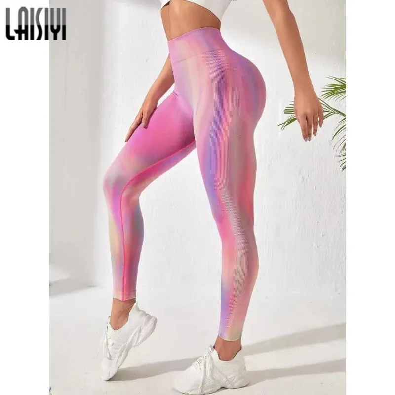 Laisiyi kvinnor sport sömlösa leggings elastiska höga midja byxor regnbåge slips färgtights gym running push up booty leggins 231229
