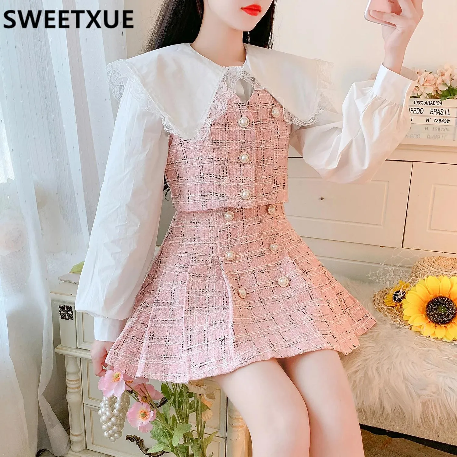 Suits Korean Sweet Three Piece Set Women Peter Pan Collar White Shirt + Plaid Vest + Pleated Skirt Tweed Suits Kawaii 3 Piece Outfits