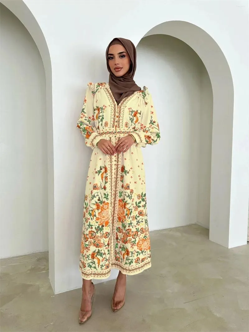 Ethnic Clothing Women V-neck Muslim Dress Abaya For Dubai Turkey Islam Clothes Casual Middle Eastern Simple Print Fashion Long Robe