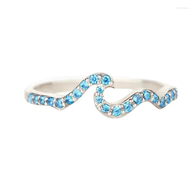 Anneaux de cluster 925 Sterling Silver Simple Mariage Bague de fiançailles Géométrique Blue Wave Doigt pour femmes Fine Bijoux