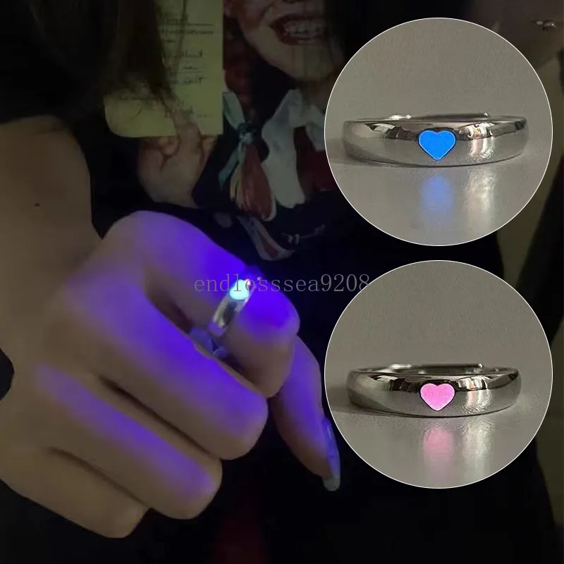 Lichtgevende Liefde Hart Vinger Ring Glow In Dark Mode Verstelbare Koppels Ringen Zilver Kleur Roze Blauw Licht Sieraden Lover Gift