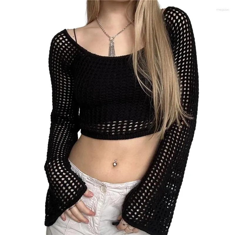 Womens Long Sleeve Fashion Crop Top Fishnet Crochet Solid Color