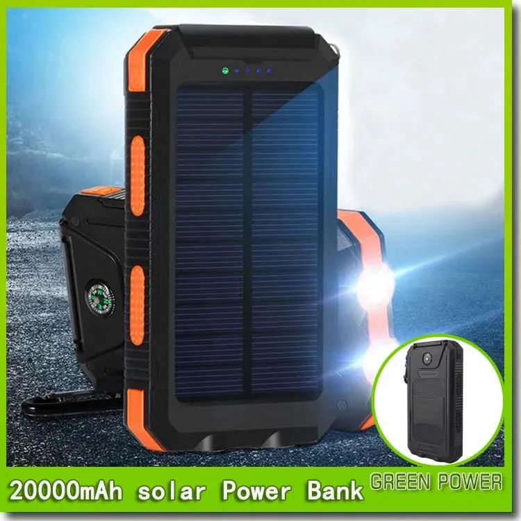 Banks 20000mah Travel Portable Waterproof Solar Power Bank 2 USB External Panel Charging Dual LED Light Compass For All Phone