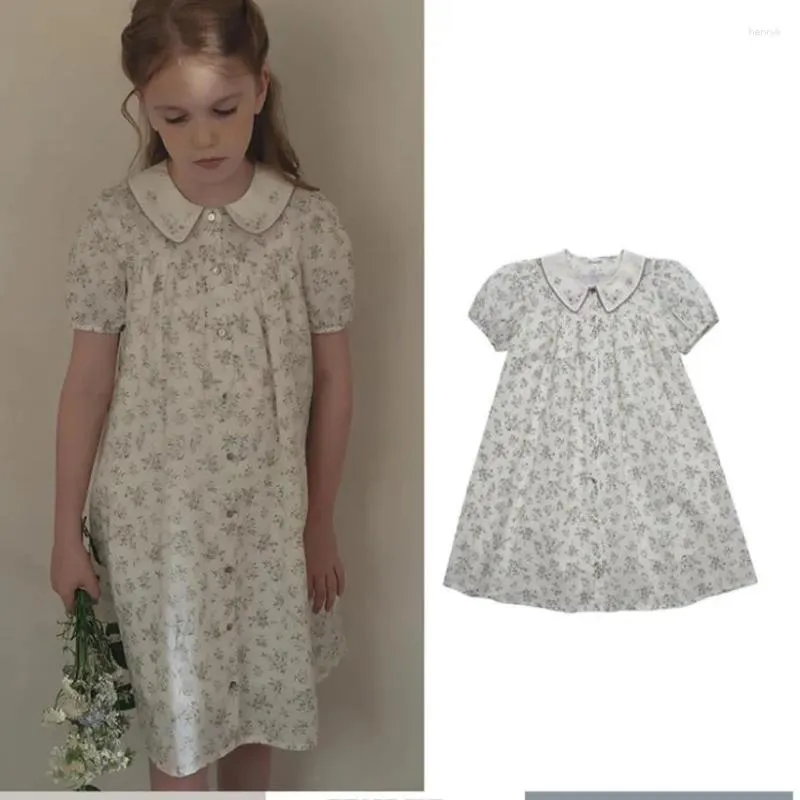 Girl Dresses Spots Flower Print Dress Summer High Quality Turn-Down Collar Short Sleeve Kids Comfort 1-8 Years Wz1160