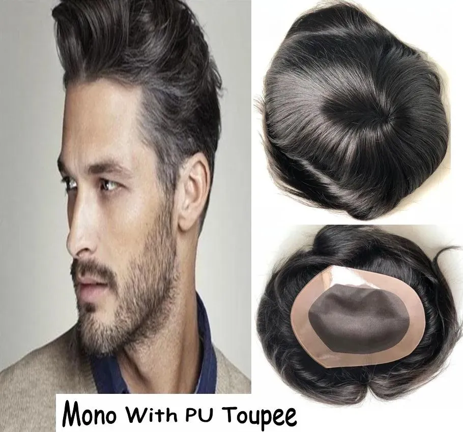 Wigs stocked mens toupee mono lace with pu thin skin perimeter real human hair toupee top quality hair pieces free