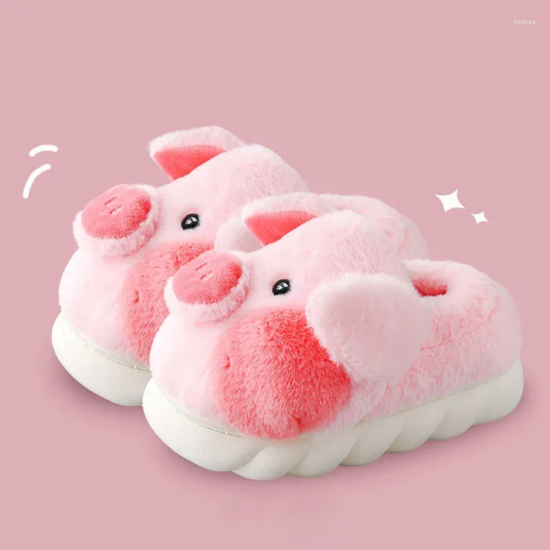 Pantoufles 2023 mignon cochon femmes moelleux fourrure plate-forme semelle épaisse maison chaussures hiver en peluche Kawaii Animal intérieur maison diapositives