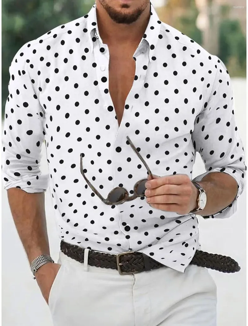 Chemises décontractées pour hommes Chemise boutonnée d'été Noir et blanc Manches longues Revers Polka Dot Daily Resort Wear Élégant Confortable