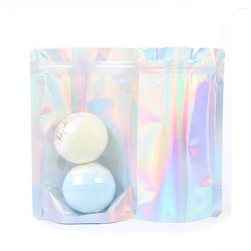 Sacs de rangement 100pcs Pochette holographique Mylar 3.25x5 "4.25x6.25" Fenêtre transparente Stand Up Sac de produits de beauté refermable pour cosmétique