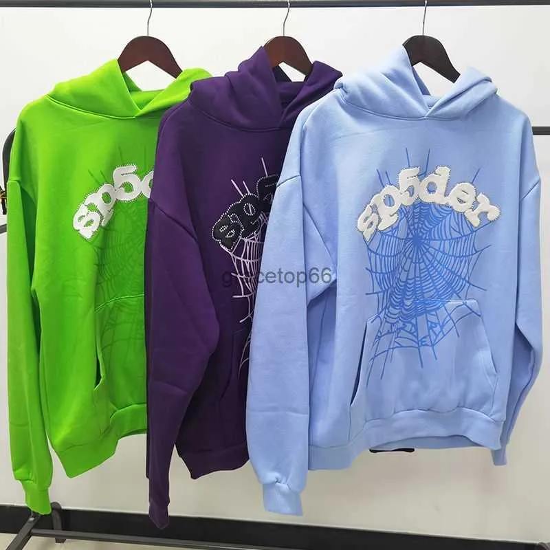 WVAW Herrhuvtröjor Sweatshirts Spot Sp5der Spider Web Diamond Foam Spider Web Autumn/Winter Velvet Thicked Trendy Hoodie tröja