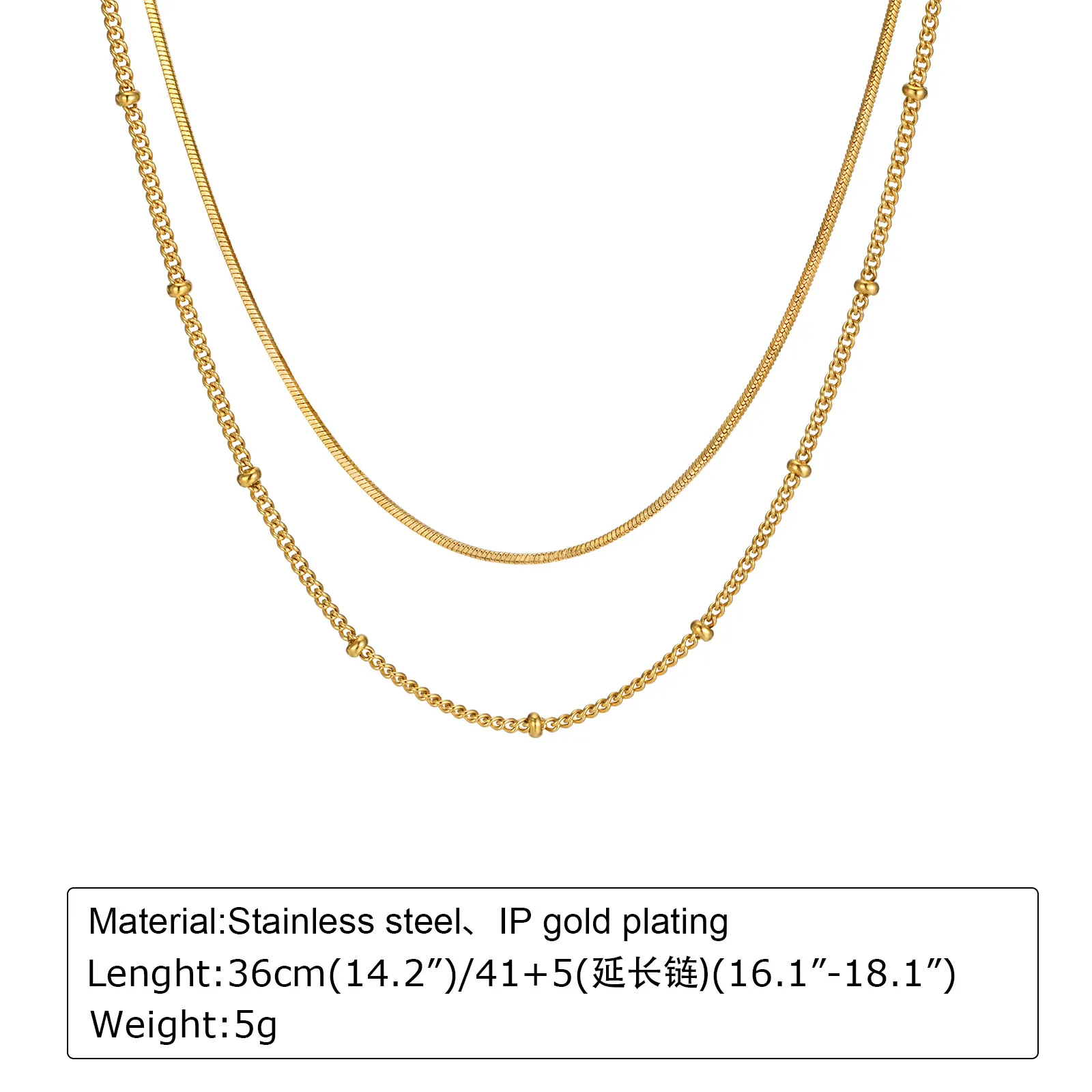 Thin Ladies Girls Necklaceステンレススチールビーズチェーンリンク宝石のバルク18インチシルバーゴールデンNC-1328