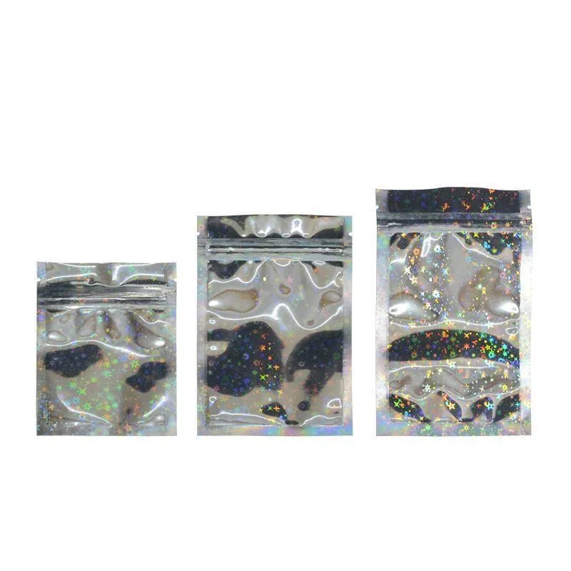 Sacs refermables Sac de poche en aluminium Sac plat en mylar pour le stockage des aliments de fête Couleur holographique avec étoile scintillante Aftor Nbswj