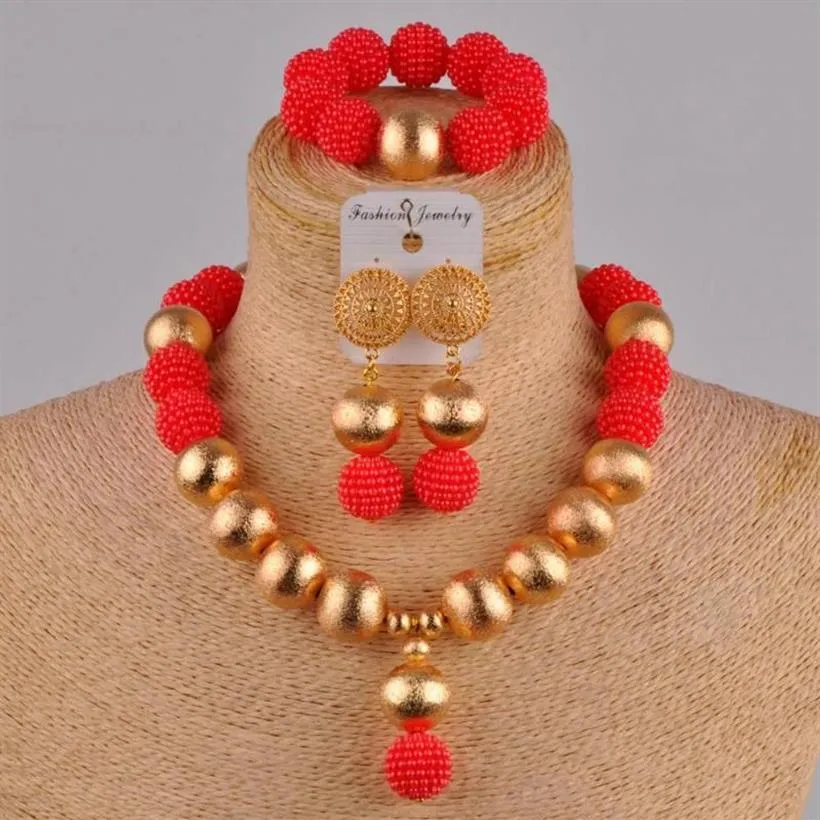 Boucles d'oreilles collier rouge mode africaine fait à la main perlé Nigeria ensemble de bijoux de mariage Imitation perle femme boucle d'oreille Bracelet XX-29260d