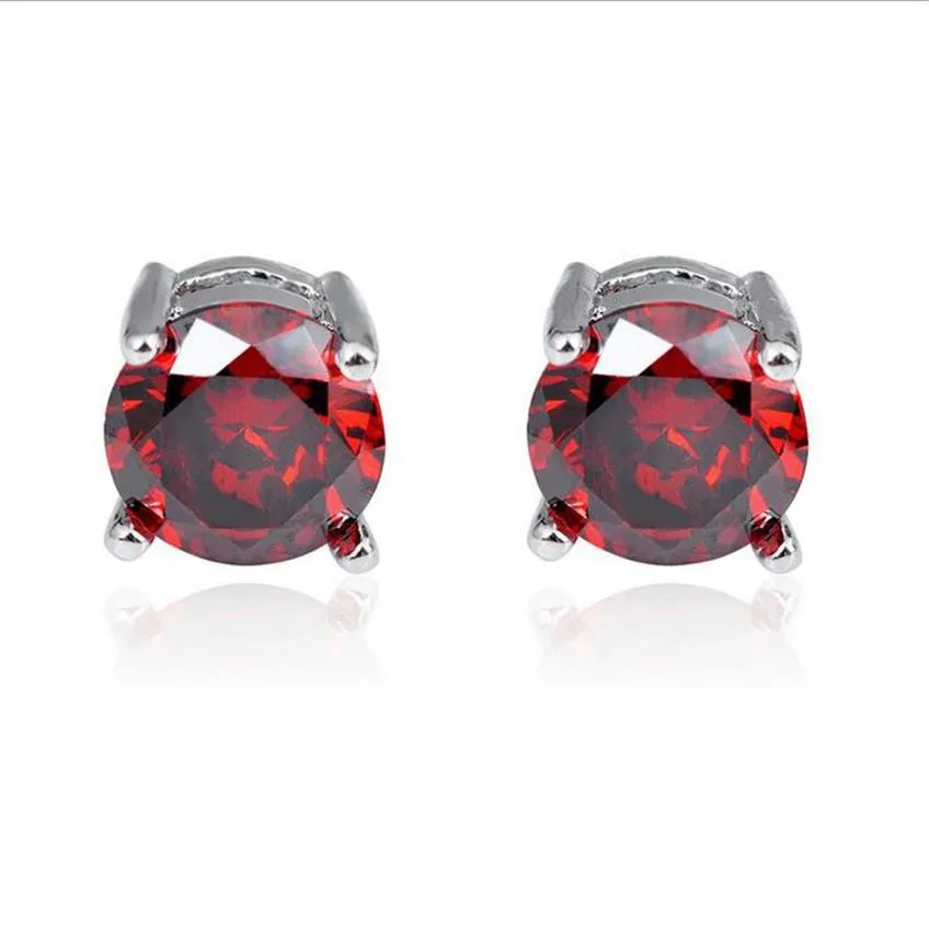 12 par LuckyShine Red Zircon Crystal Gems Silver Plated Stud Earrings Fashion Simple European Holiday Presentörhängen Stud för Uni175A