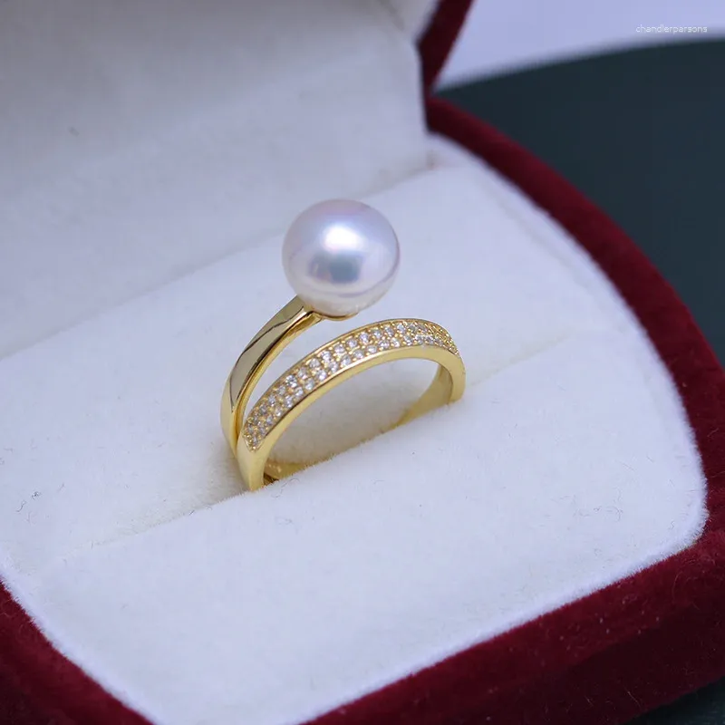 Pierścionki klastra Świeża woda 9-10 mm idealne okrąg mocny lekki biały prawie bezbłędny pierścień perłowy żeńska s925 złoty otwór