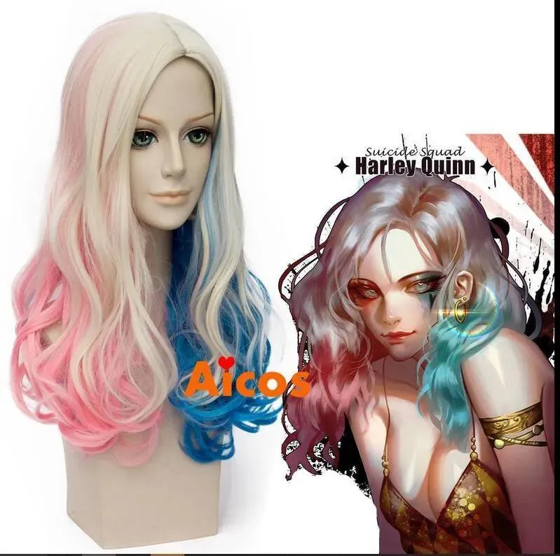 Perruques 100% nouvelle image de mode de haute qualité perruques pleines de dentelle perruque longue vague pour Batman Suicide Squad Harley Quinn Cosplay rose bleu blond