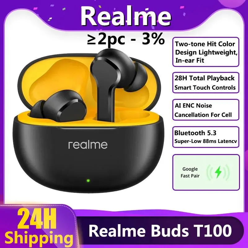 Hörlurar Realme TechLife Buds T100 Bluetooth 5.3 AI Enc ture Trådlösa hörlurar Lång batterilivslängd TWS IPX5 Vattentät sportens headset