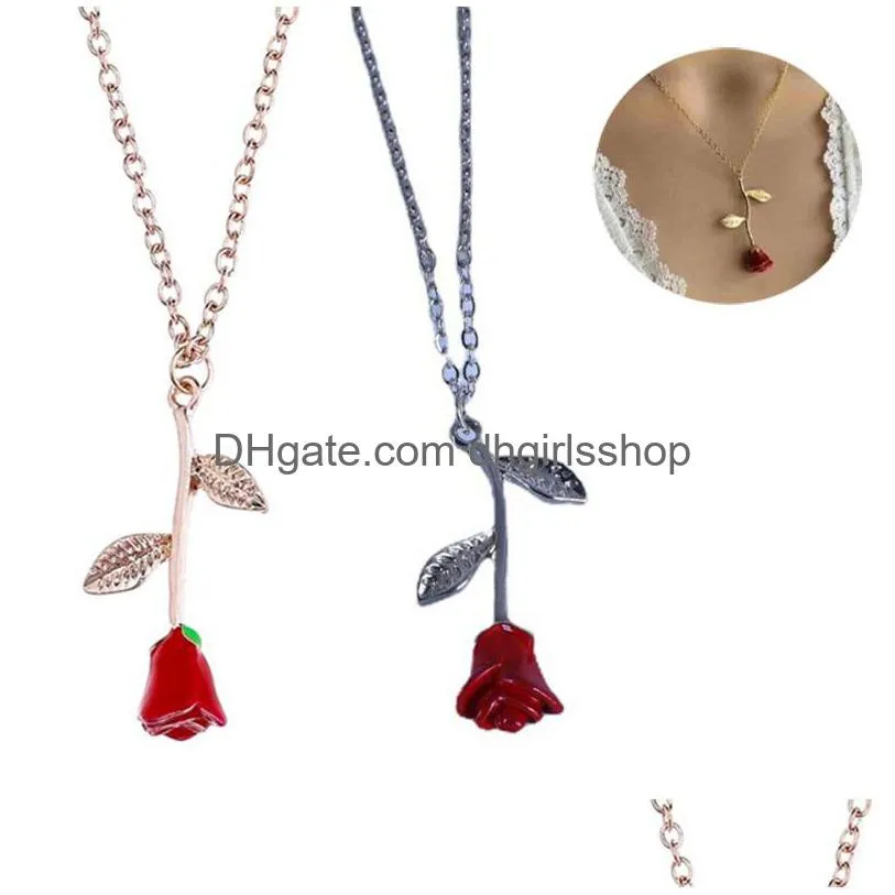 Pendentif Colliers Romantique Rose Rouge Collier Saint Valentin Cadeau Mode Pour Petite Amie Designer Femmes Bijoux Accessoires Drop Deli Dh1Hs