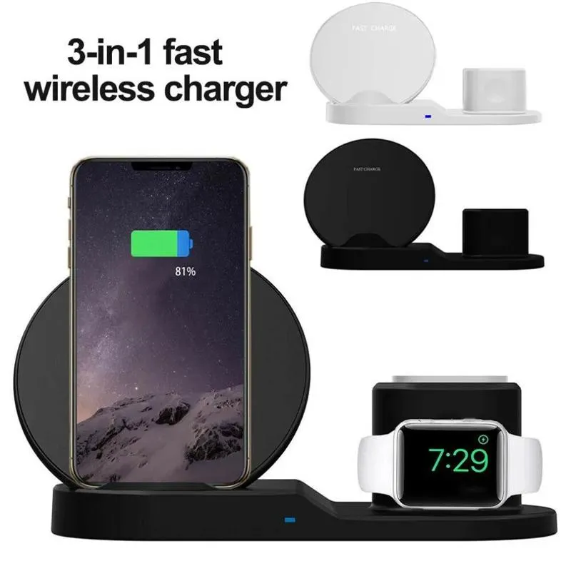 Caricabatterie 3 in 1 Dock per caricabatterie wireless veloce da 10 W Supporto di ricarica veloce per iPhone 11 X XR XS Max Orologio 1/2/3/4 Auricolare Samsung S10 nota 10 plu