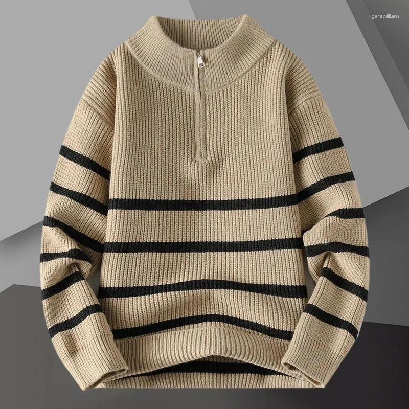 Pulls pour hommes automne hiver chaud rayé imprimé pull tricoté demi-fermeture éclair tricot hommes polyvalent pull homme pull vêtements