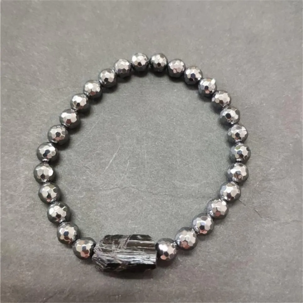 Pierre minérale naturelle, Tourmaline noire brute, pierre de guérison, perle d'hématite à facettes, Bracelet énergétique pour hommes et femmes, 310p