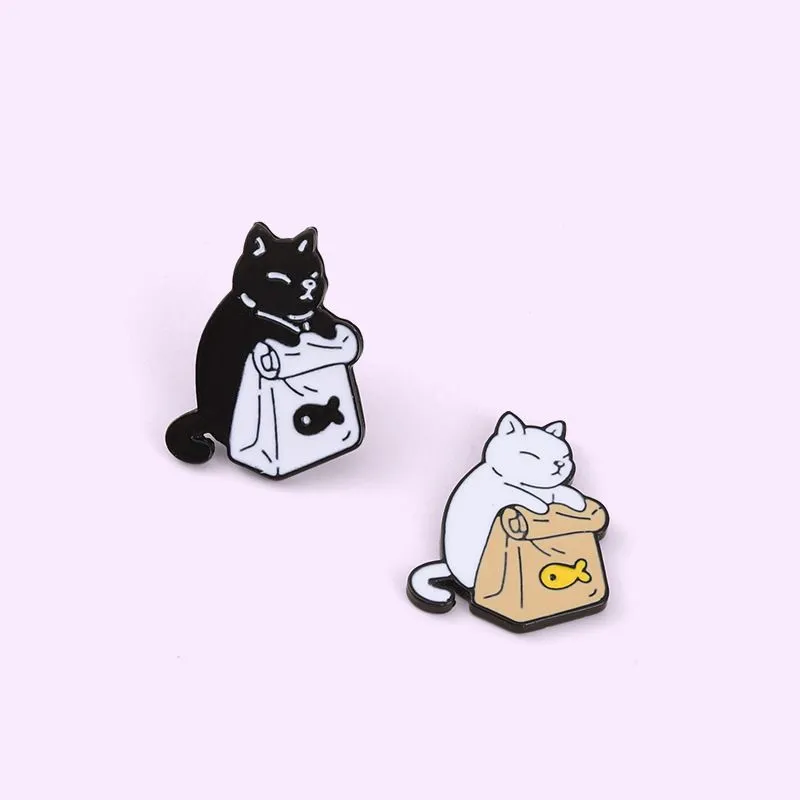 Cute Black White Cats Enamel Pins Dried Fish Bag Brooch Cartoon Animal Badges Denim Lapel Pin Jewelry Gift