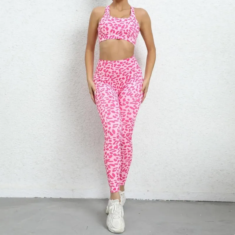 Conjuntos ativos leopardo impressão yoga conjunto feminino 2 peça roupas esportivas ginásio treino sexy scrunch esporte terno para fitness feminino agasalho rosa