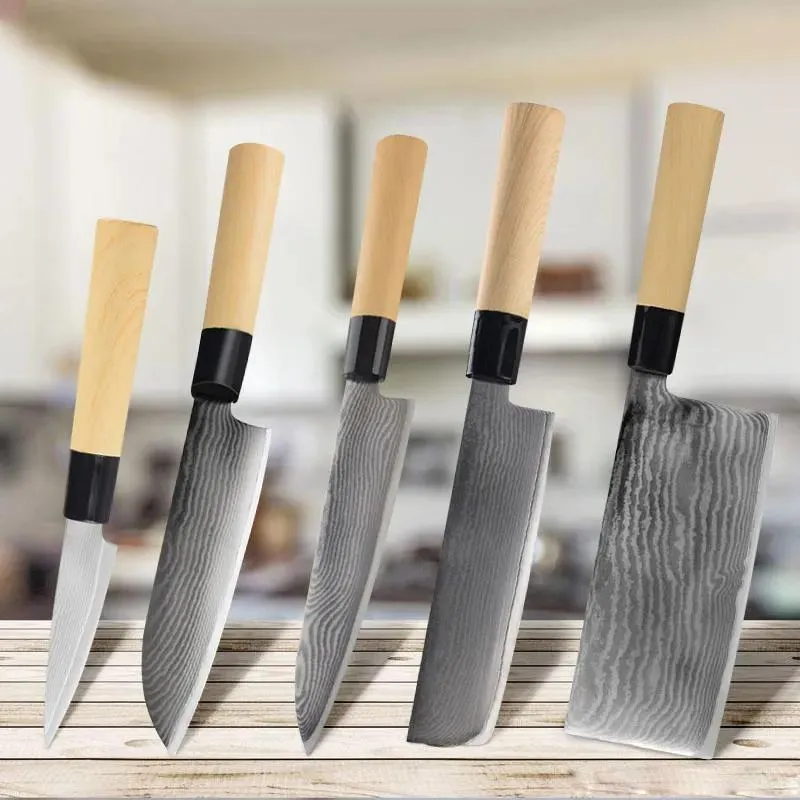 Messer Damaststahl-Messerset, 5-teilig, Chefkoch, Küchenmesser, Beruf, japanischer Kohlenstoffstahl, scharfes Hackmesser, Sushi, Nakiri, Santoku, Schälen