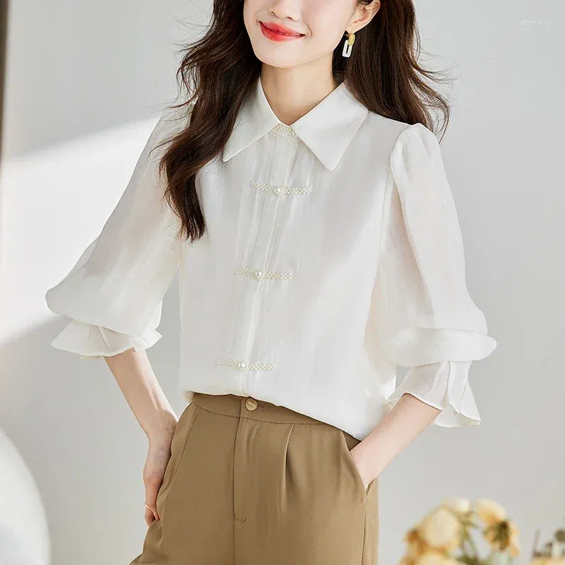 Женские блузки, шифоновые рубашки в китайском стиле, винтажная весенне-летняя одежда, свободные модные топы с длинными рукавами YCMYUNYAN