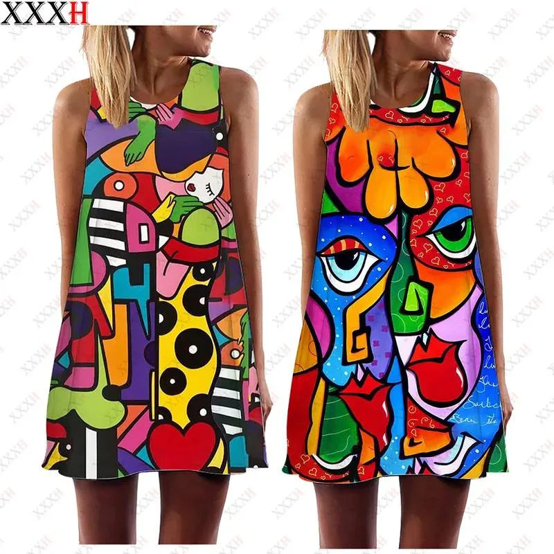 Macacões XXXH vestido de verão solto sem mangas arte abstrata 3d impressão casual uma linha mulheres vestidos padrão fino minissaia 220713